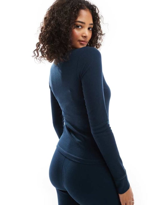 ASOS DESIGN mix & match rib and velvet trim long sleeve top in navy - Image 3