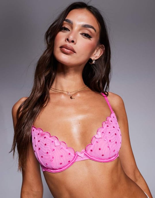 ASOS DESIGN Roxy spot mesh underwired bra with heart details in hot pink - Image 1