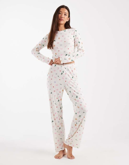 Urban Threads jul pointelle pyjamasbyxor i krämfärg - Image 1