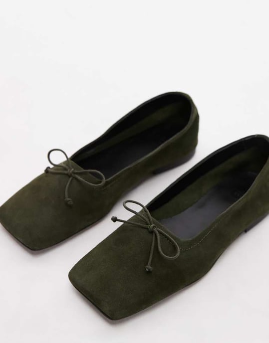ASOS DESIGN Lotus premium suede ballets in khaki - Image 1