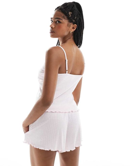 Hollister spets punktstickad linne och låg midja shorts pyjamas set i rosa rand - Image 3