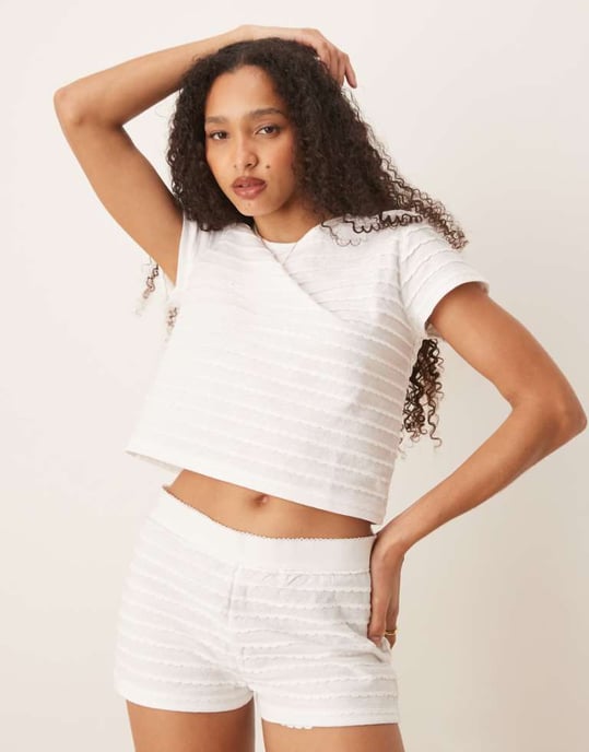 ASOS DESIGN scallop pointelle t-shirt och shorts pyjamas set i vitt - Image 1