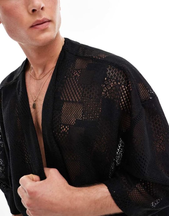 ASOS DESIGN knitted crochet lace kimono in black - Image 3
