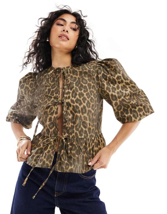 ASOS DESIGN cotton poplin peplum tie shirt top in leopard print - Image 4
