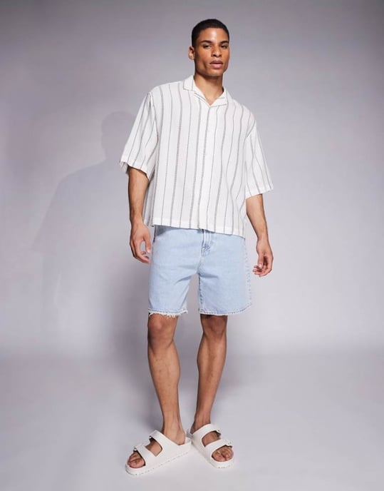 ASOS DESIGN boxy oversized revere textured shirt in green and white stripe - Image 1