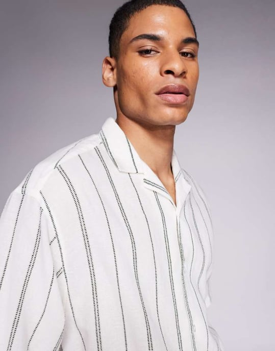 ASOS DESIGN boxy oversized revere textured shirt in green and white stripe - Image 2