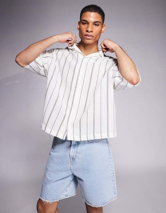 ASOS DESIGN boxy oversized revere textured shirt in green and white stripe - Image 3