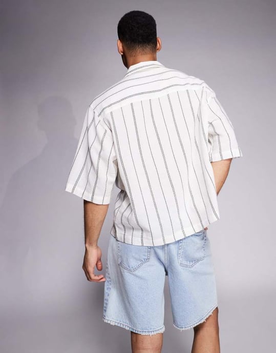 ASOS DESIGN boxy oversized revere textured shirt in green and white stripe - Image 4