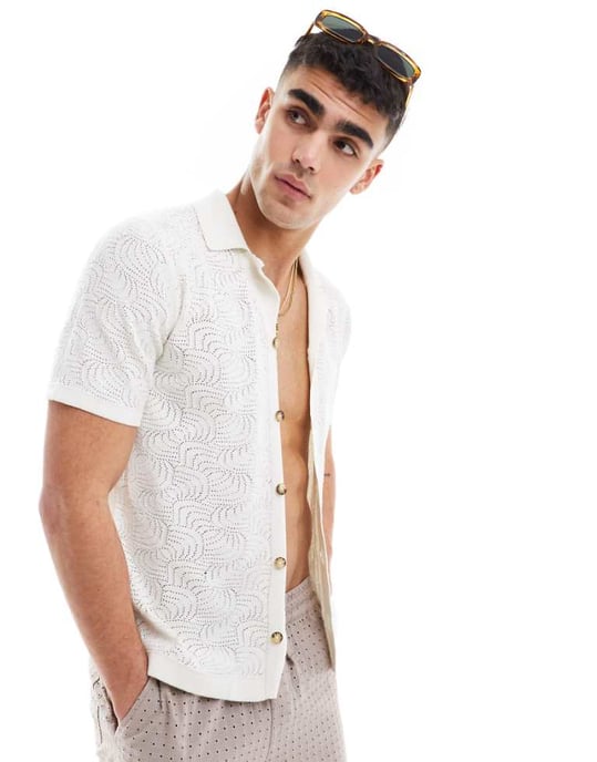 ONLY & SONS revere collar open knit shirt in white - Image 1