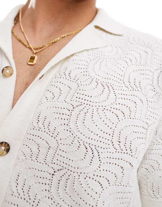 ONLY & SONS revere collar open knit shirt in white - Image 2