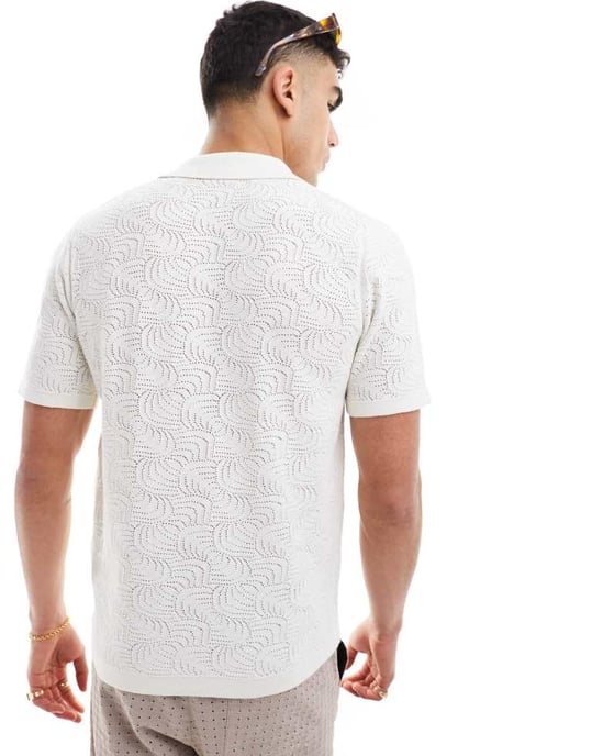 ONLY & SONS revere collar open knit shirt in white - Image 4