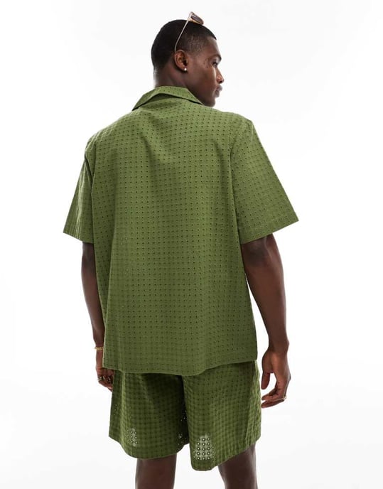 ASOS DESIGN co-ord short sleeve relaxed fit revere collar broderie shirt in khaki green - Image 2