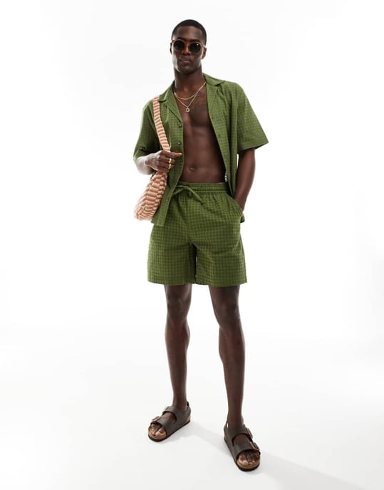 ASOS DESIGN co-ord short sleeve relaxed fit revere collar broderie shirt in khaki green - Image 3