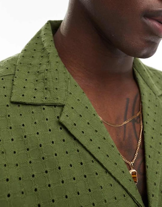 ASOS DESIGN co-ord short sleeve relaxed fit revere collar broderie shirt in khaki green - Image 4