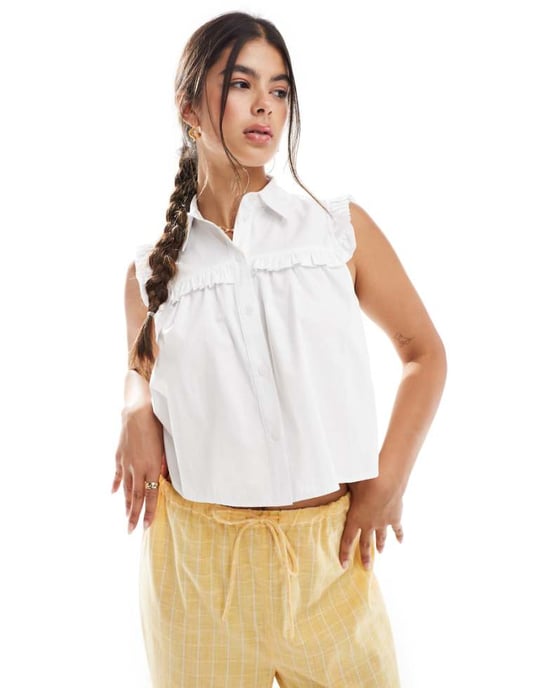 Miss Selfridge poplin sleeveless ruffle shirt in white - Image 1