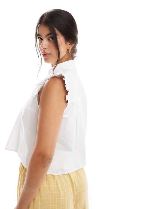 Miss Selfridge poplin sleeveless ruffle shirt in white - Image 4
