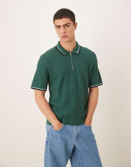 Abercrombie & Fitch stickad halvzip polo med kontrastkant i grön - Image 1