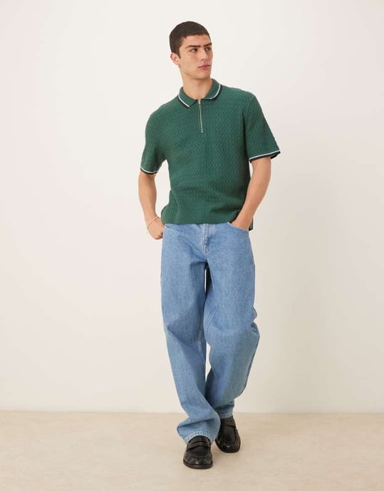 Abercrombie & Fitch stickad halvzip polo med kontrastkant i grön - Image 2