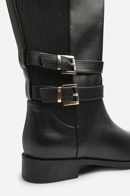 Where's That From Womens Elaris Double Buckle Detail Stretch Elastic Knee High Riding Boots - Image 5