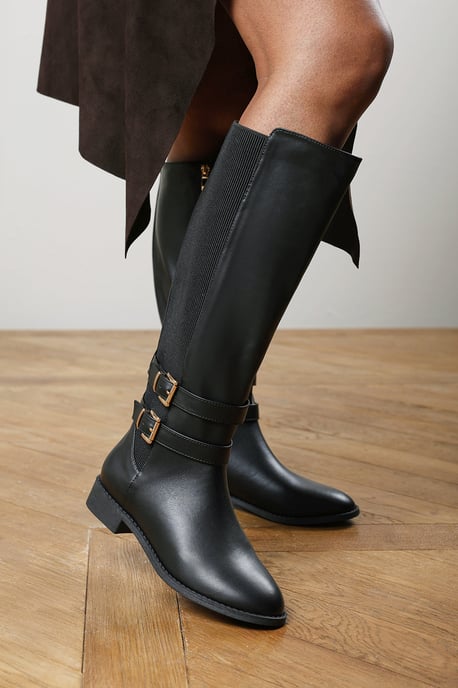 Where's That From Womens Elaris Double Buckle Detail Stretch Elastic Knee High Riding Boots - Image 6