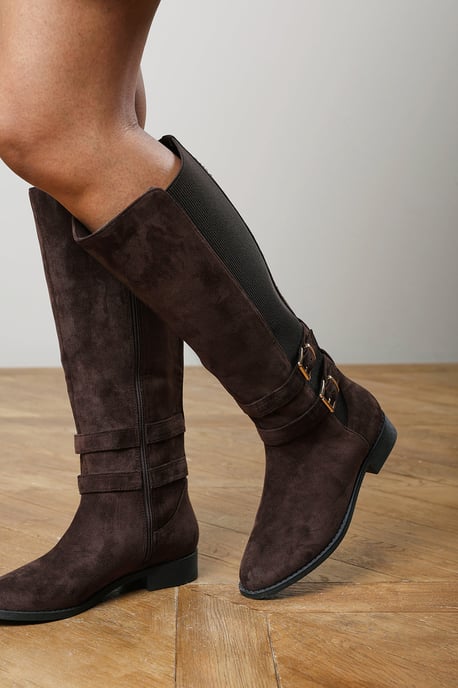 Where's That From Womens Elaris Double Buckle Detail Stretch Elastic Knee High Riding Boots - Image 6