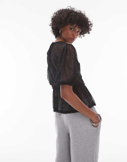 Topshop lace peplum top in black - Image 3