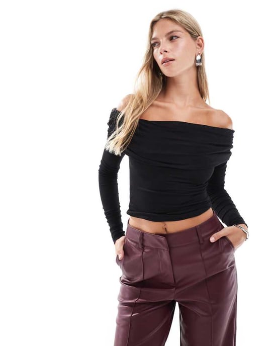 Cotton On Rhi gathered off the shoulder slinky long sleeve top in black - Image 1