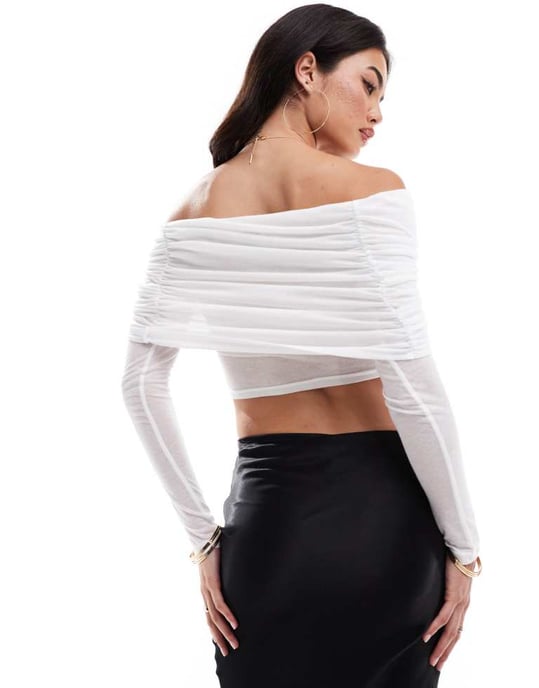 SNDYS mesh bardot twist overlay detail top in white - Image 4