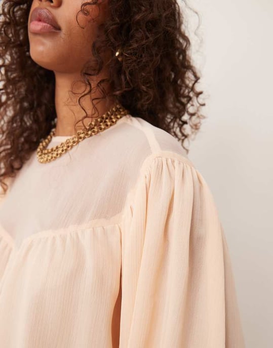 ASOS DESIGN bubble hem top with sheer yoke detail in peach - Image 2