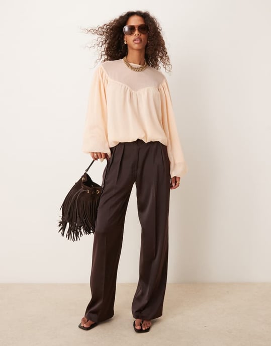 ASOS DESIGN bubble hem top with sheer yoke detail in peach - Image 3