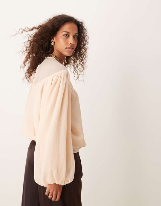 ASOS DESIGN bubble hem top with sheer yoke detail in peach - Image 4