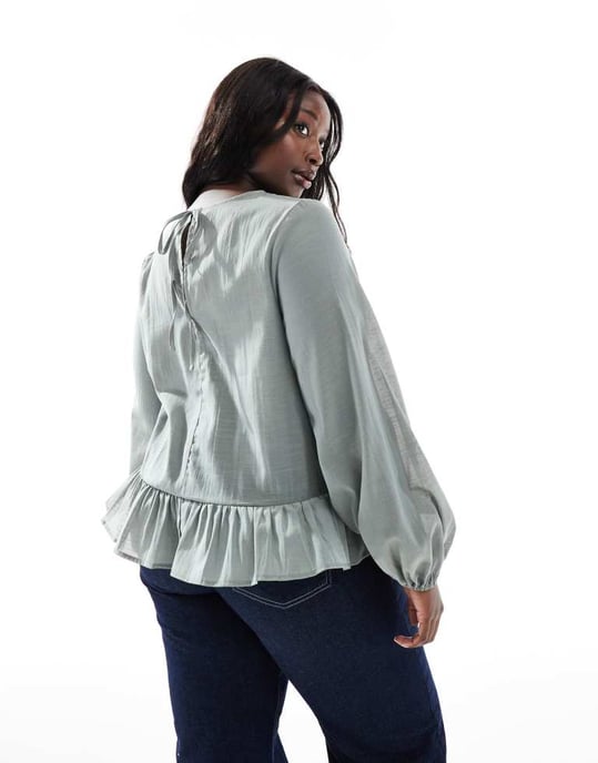 ASOS DESIGN Curve long sleeve peplum hem top in green - Image 2
