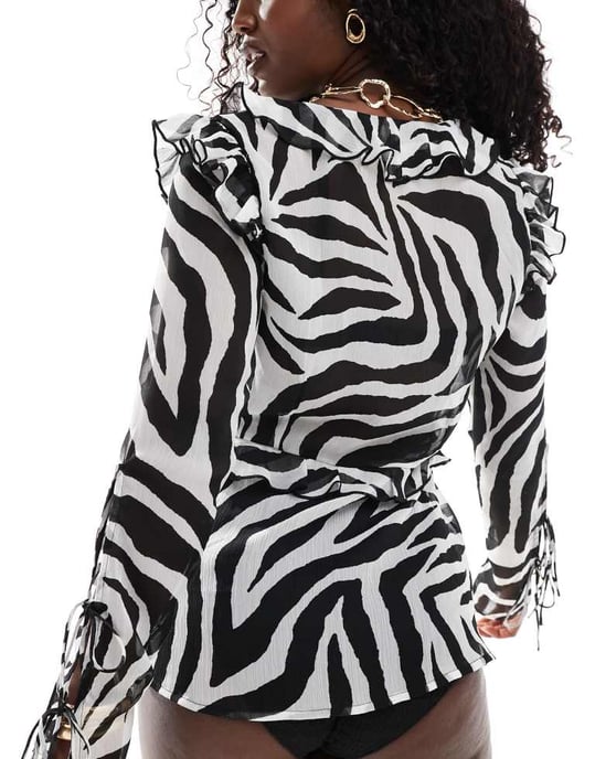 Miss Selfridge beach chiffon tie front cover up in zebra print - Image 4