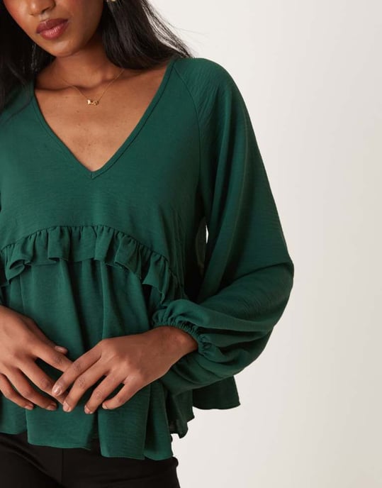 ASOS DESIGN V neck smock top with ruffle in green - Image 2