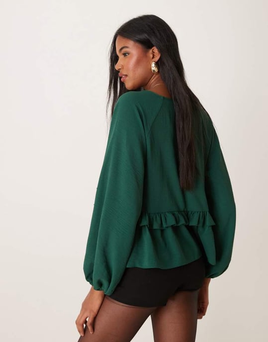 ASOS DESIGN V neck smock top with ruffle in green - Image 4