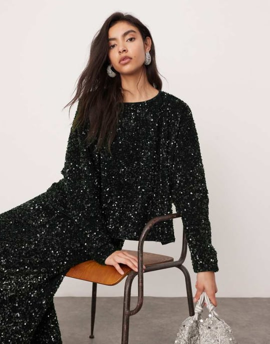 ASOS EDITION velvet allover sequin long sleeve slouchy top co-ord in dark green - Image 1