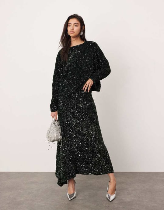 ASOS EDITION velvet allover sequin long sleeve slouchy top co-ord in dark green - Image 2