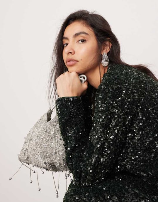 ASOS EDITION velvet allover sequin long sleeve slouchy top co-ord in dark green - Image 3