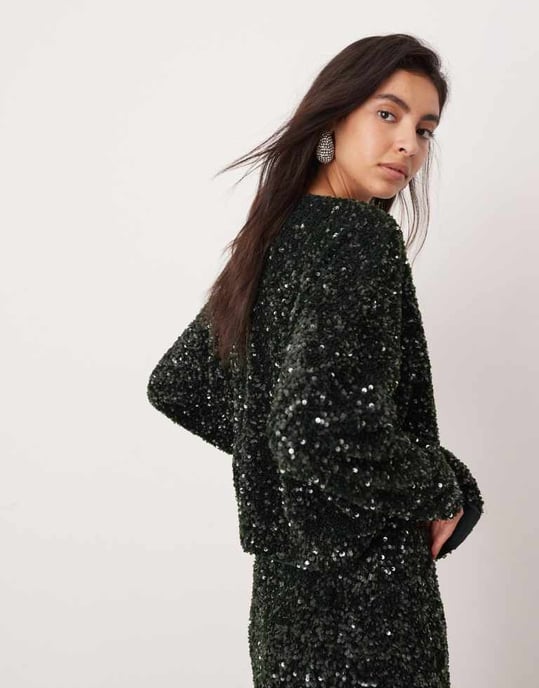 ASOS EDITION velvet allover sequin long sleeve slouchy top co-ord in dark green - Image 4