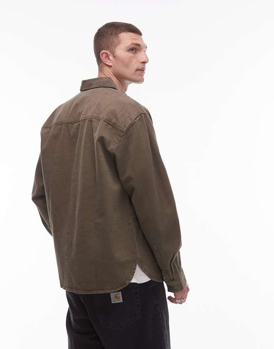 Topman long sleeve washed canvas overshirt in khaki - Image 4