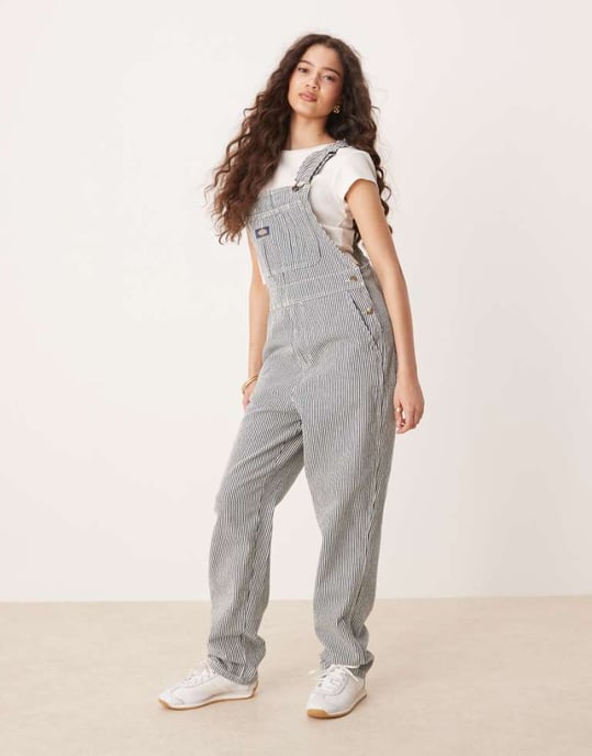 Dickies klassiska hickory-randiga denimsoveralls i marinblå - Image 1