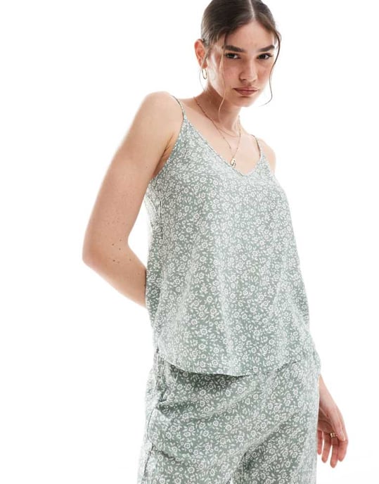 Vero Moda v neck cami top co-ord in sage floral - Image 1