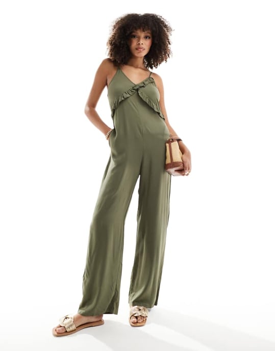 ONLY strappy frilled wide leg jumpsuit in khaki - Image 1