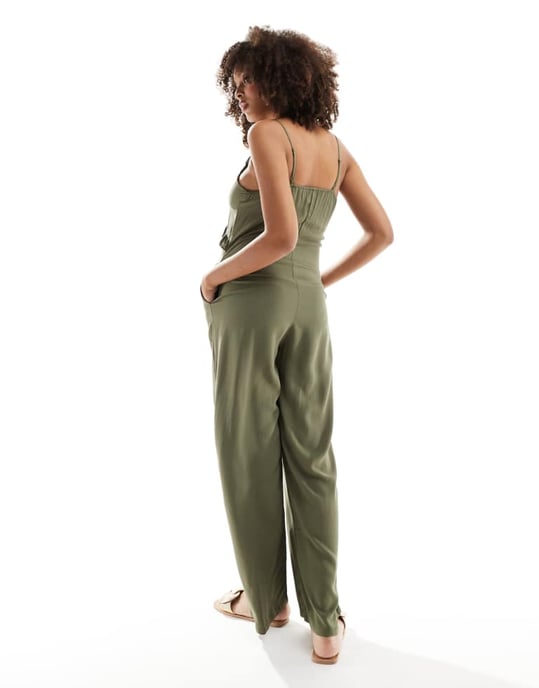 ONLY strappy frilled wide leg jumpsuit in khaki - Image 2