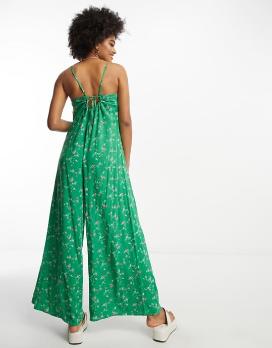 ASOS DESIGN Tall strappy culotte jumpsuit in green floral print - Image 2