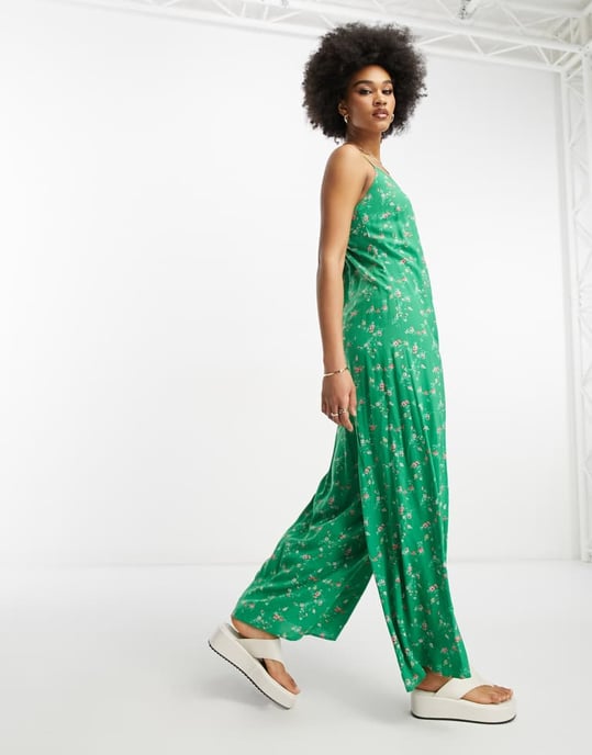 ASOS DESIGN Tall strappy culotte jumpsuit in green floral print - Image 3
