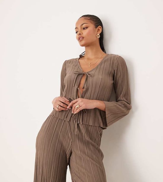 JDY Tall tie front plisse top co-ord in brown - Image 1