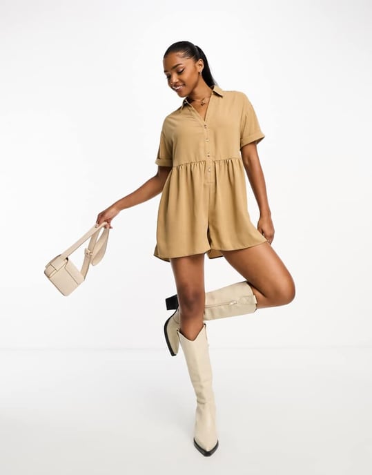 Miss Selfridge linen look soft shirt playsuit in stone - Image 1
