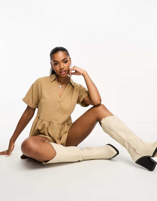 Miss Selfridge linen look soft shirt playsuit in stone - Image 2