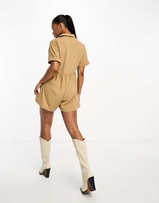 Miss Selfridge linen look soft shirt playsuit in stone - Image 4